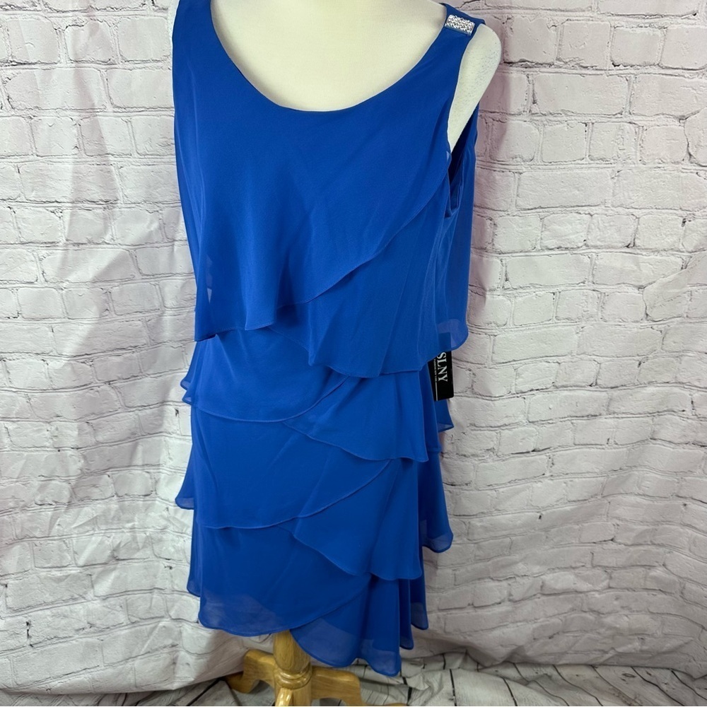 NWT SLNY royal blue tulip chiffon formal dress sz 14 sleeveless sheer ruffle